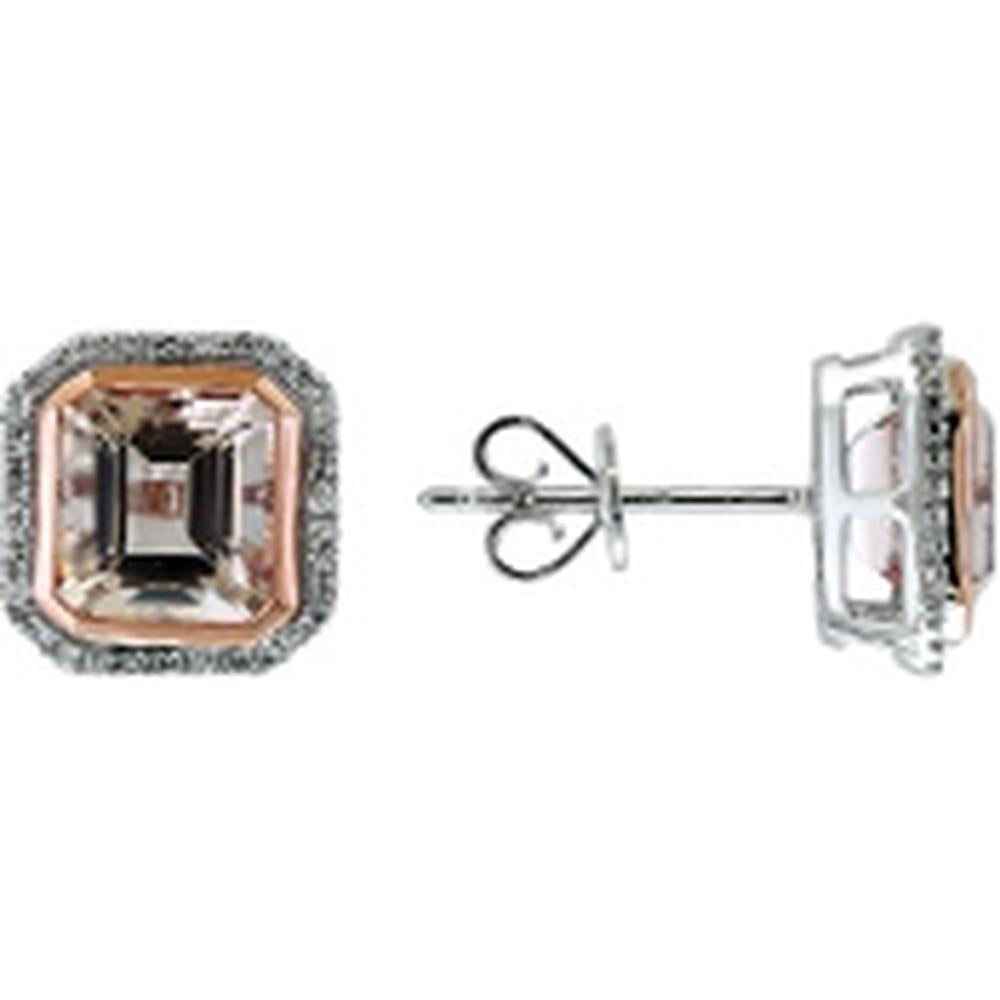 14K Rose and White Gold Morganite Halo Earrings with Diamond Accent - 3.35 Carats Total Morganite Weight, 0.21 Carats Total Diamond Weight