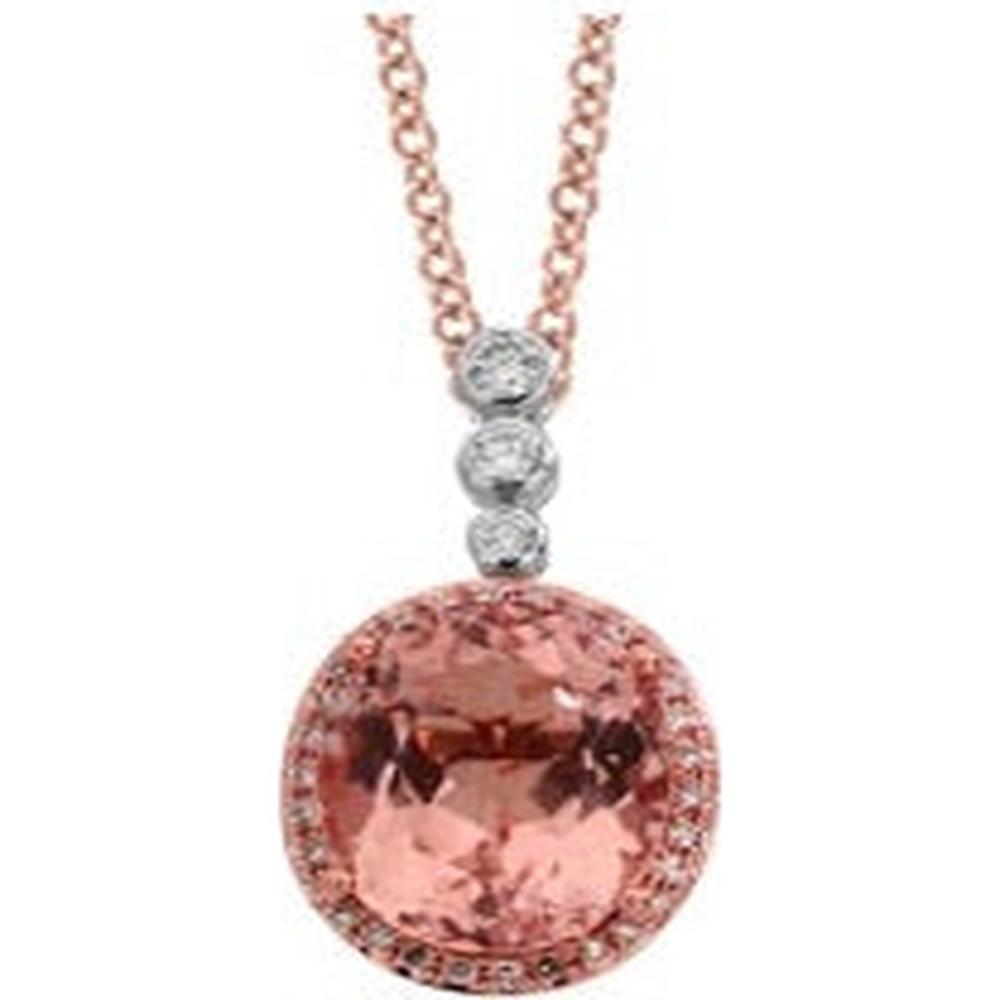14K Rose & White Gold Oval Morganite and Diamond Halo Pendant Necklace - 3.20 Carat Morganite, 0.19 Carat Diamond