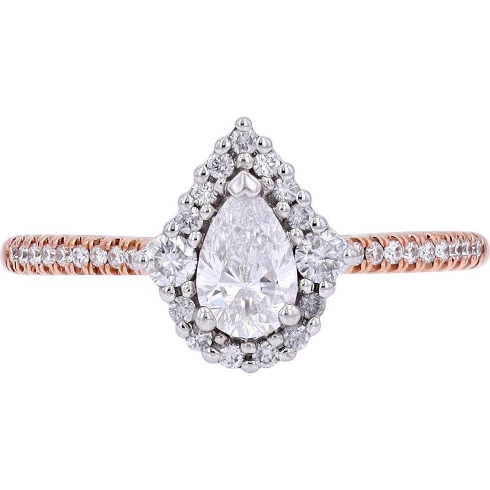 14K Rose & White Gold Pear Cut Diamond Engagement Ring with Halo and Diamond Band - 0.64 Carats Total Diamond Weight