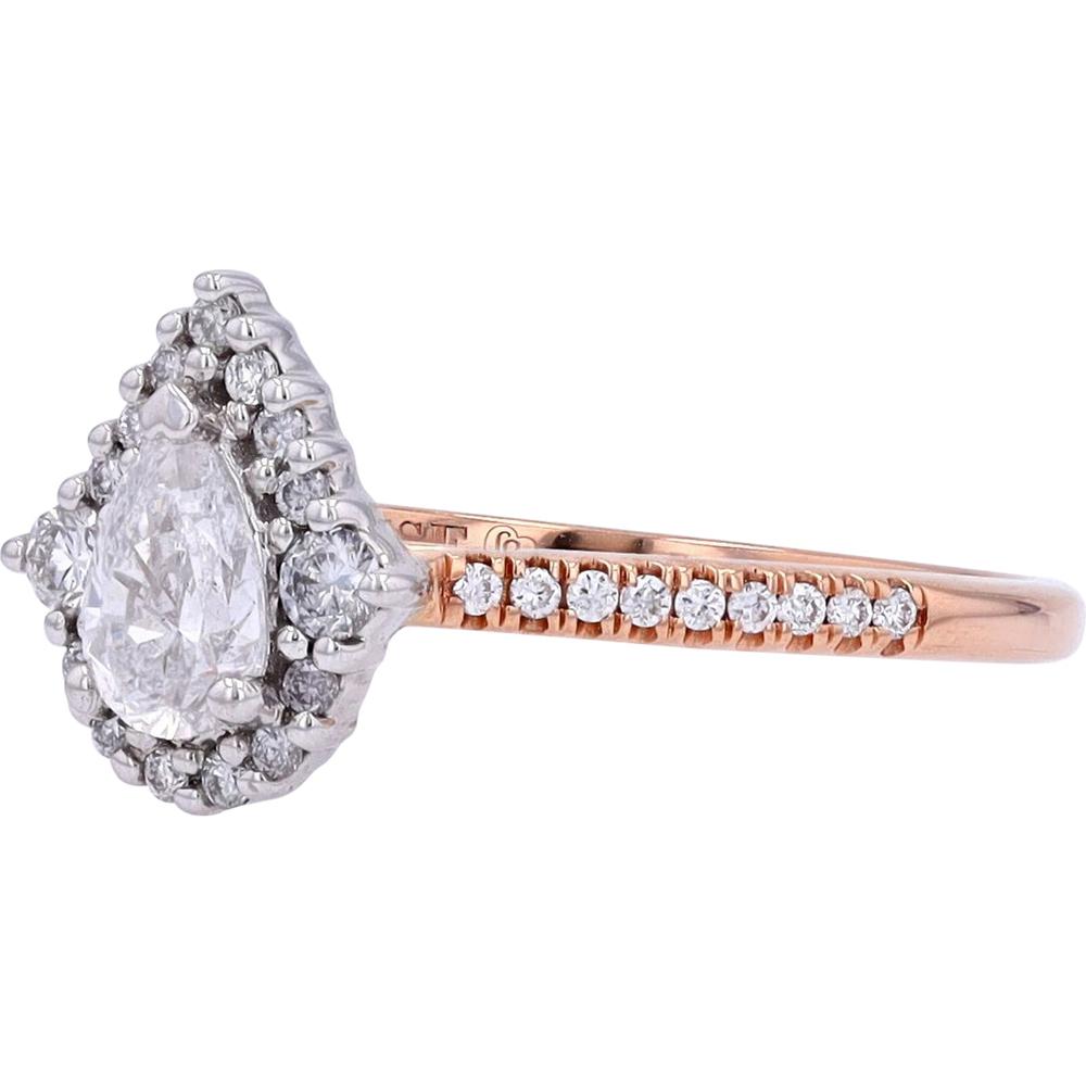 14K Rose & White Gold Pear Cut Diamond Engagement Ring with Halo and Diamond Band - 0.64 Carats Total Diamond Weight