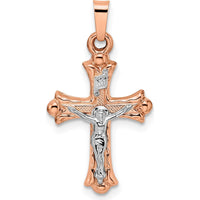 14K Rose and White Gold Polished Fleur de Lis INRI Hollow Crucifix Pendant - Spiritual Religious Symbol by Oro Pregiato