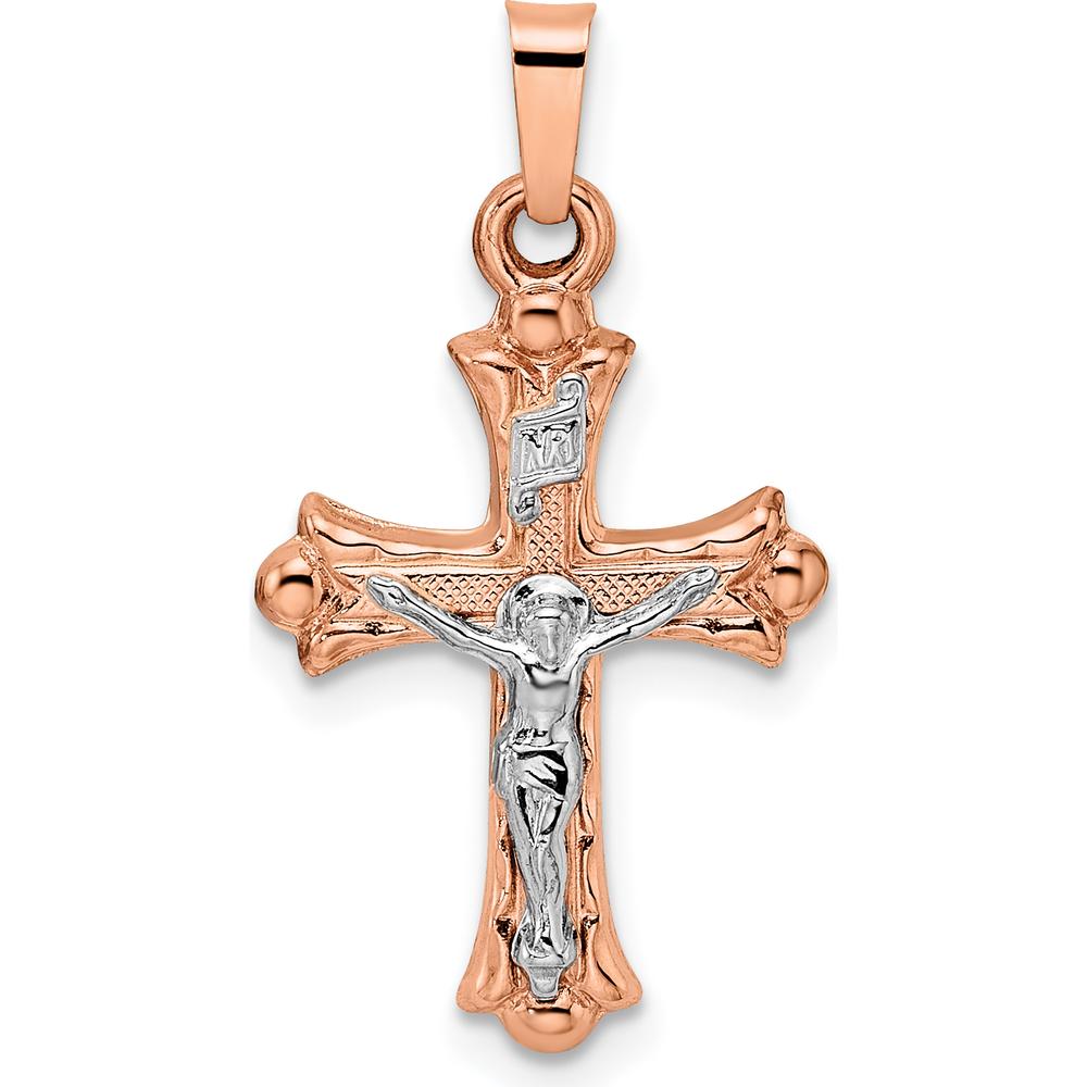 14K Rose and White Gold Polished Fleur de Lis INRI Hollow Crucifix Pendant - Spiritual Religious Symbol by Oro Pregiato
