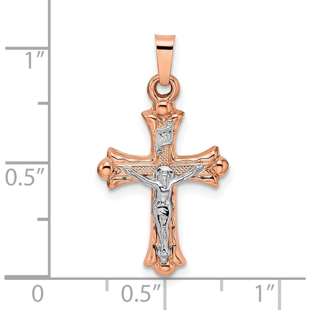 14K Rose and White Gold Polished Fleur de Lis INRI Hollow Crucifix Pendant - Spiritual Religious Symbol by Oro Pregiato
