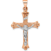14K Rose and White Gold Polished Fleur de Lis INRI Hollow Crucifix Pendant by Oro Pregiato