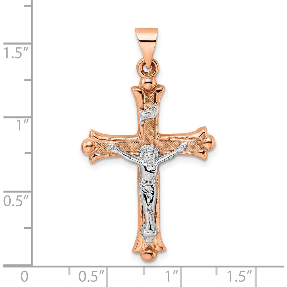 14K Rose and White Gold Polished Fleur de Lis INRI Hollow Crucifix Pendant by Oro Pregiato