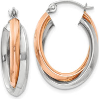 14K Rose and White Gold Polished Oval Tube Hoop Earrings - 23mm Length by 0