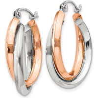 14K Rose and White Gold Polished Oval Tube Hoop Earrings - 23mm Length by 0