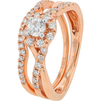 14K Rose Gold 0.63 Carats Diamond Halo Bridal Set with Engagement Ring and Wedding Band