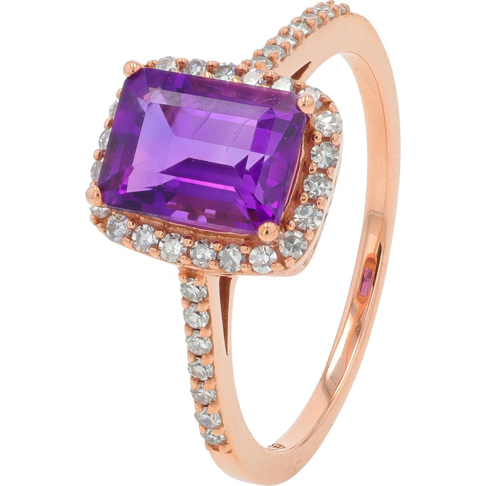 14K Rose Gold 0.85 Carat Amethyst & White Topaz Halo Ring with Milgrain Accents