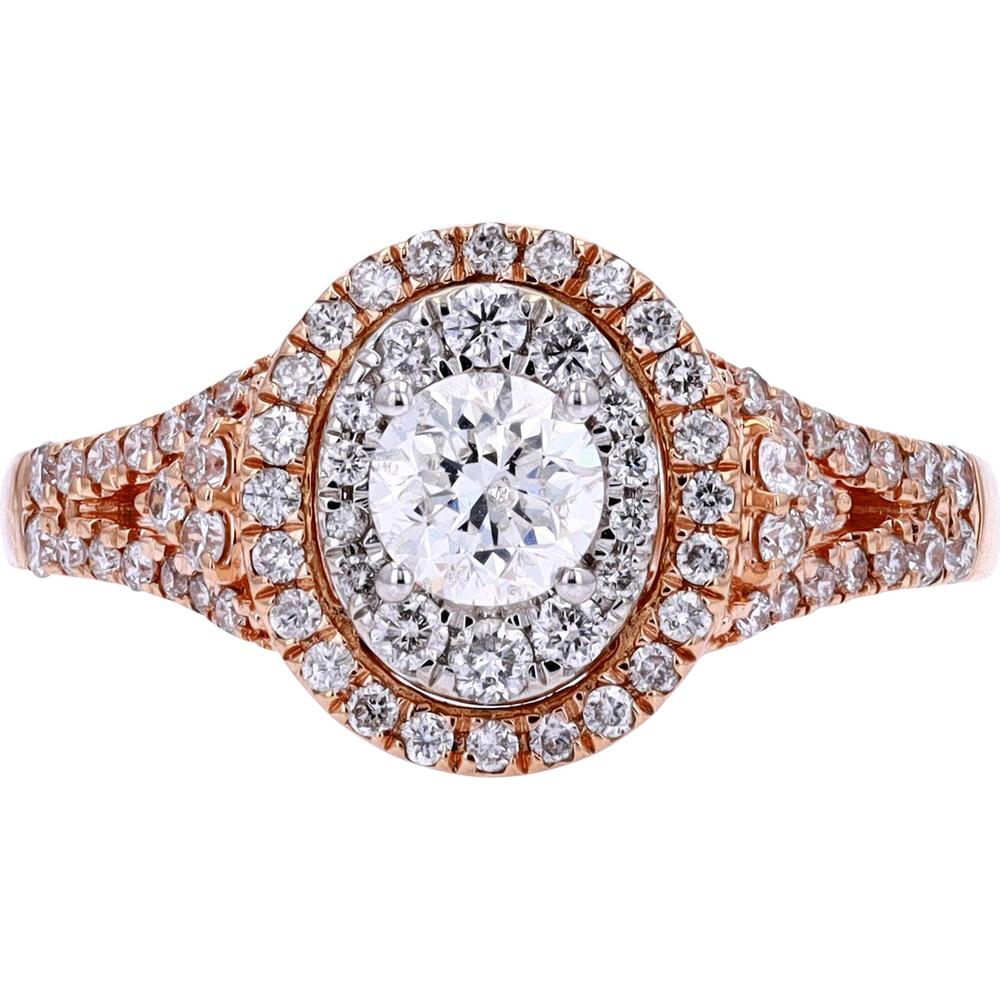 14K Rose Gold 1.00 Carat Total Diamond Halo Engagement Ring with Split Shank Design