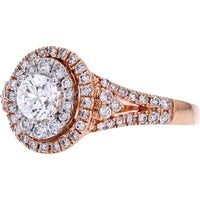 14K Rose Gold 1.00 Carat Total Diamond Halo Engagement Ring with Split Shank Design