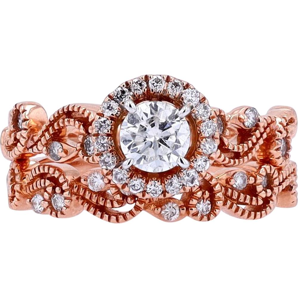 14K Rose Gold 1/2 Center Round Brilliant Cut Diamond Bridal Set - 0.69 Carats Total Diamond Weight