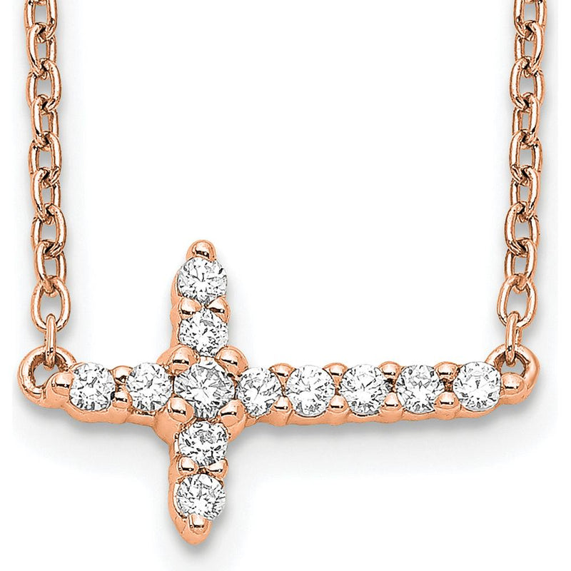 14K Rose Gold 1/6 Carat Diamond Sideways Cross Necklace - 1/6 Carat Total Diamond Weight by Oro Pregiato