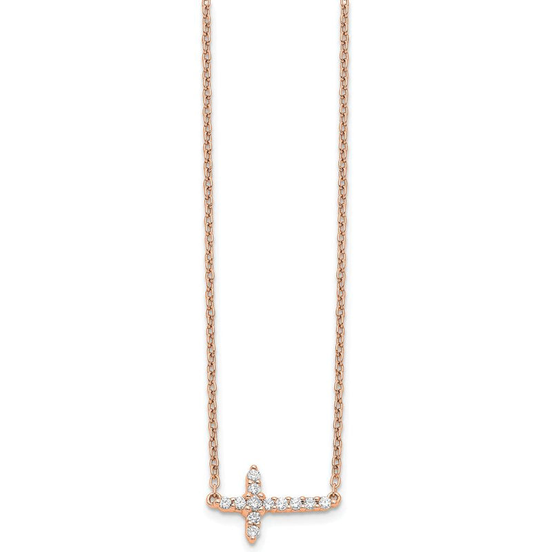 14K Rose Gold 1/6 Carat Diamond Sideways Cross Necklace - 1/6 Carat Total Diamond Weight by Oro Pregiato