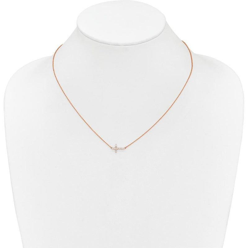 14K Rose Gold 1/6 Carat Diamond Sideways Cross Necklace - 1/6 Carat Total Diamond Weight by Oro Pregiato