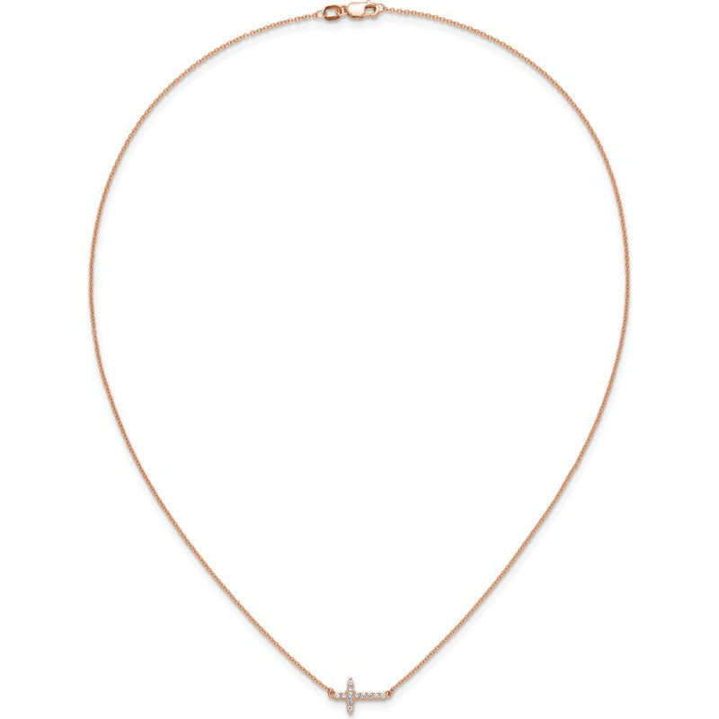 14K Rose Gold 1/6 Carat Diamond Sideways Cross Necklace - 1/6 Carat Total Diamond Weight by Oro Pregiato