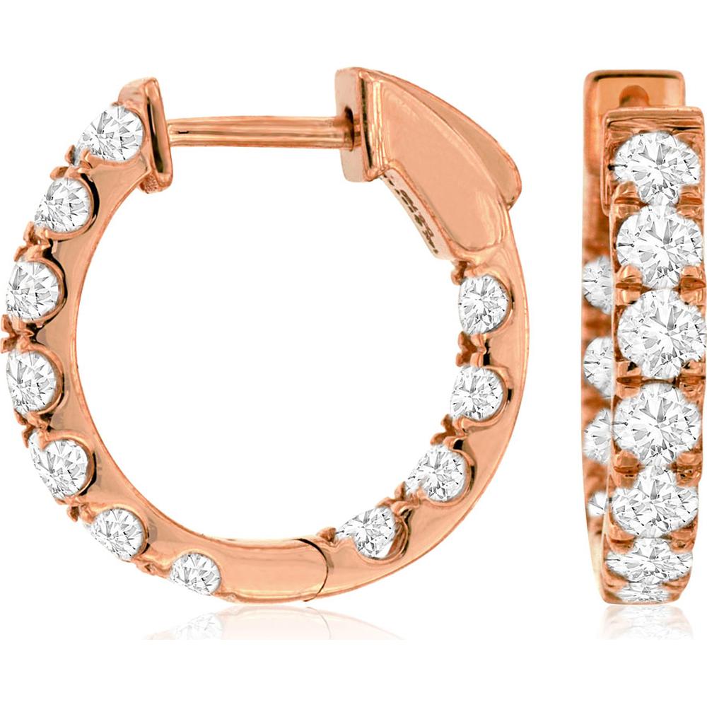 14K Rose Gold 16mm Hoop Earrings with Round Cut Diamonds - 1.50 Carats Total Diamond Weight