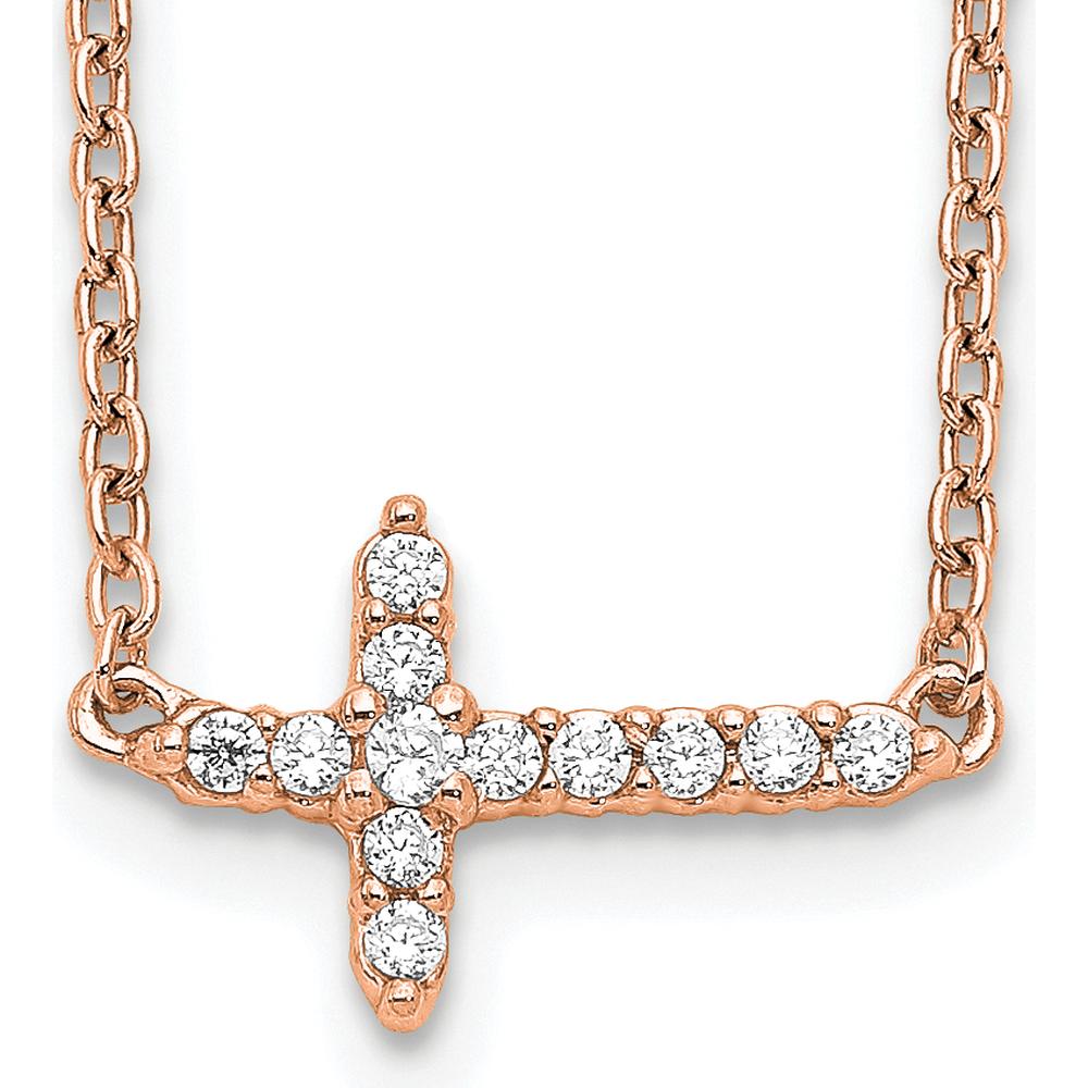 14K Rose Gold 18" Necklace with Round Diamond Sideways Cross Pendant - 0.10 Carat Total Diamond Weight by Oro Pregiato