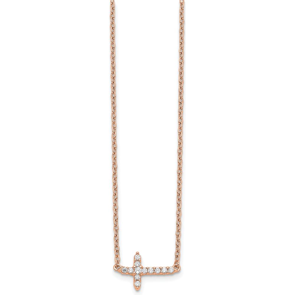 14K Rose Gold 18" Necklace with Round Diamond Sideways Cross Pendant - 0.10 Carat Total Diamond Weight by Oro Pregiato