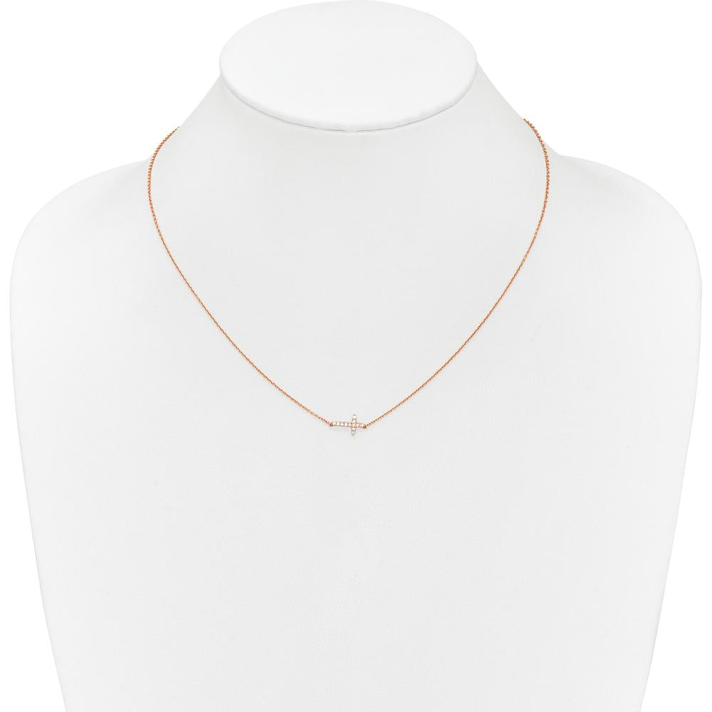 14K Rose Gold 18" Necklace with Round Diamond Sideways Cross Pendant - 0.10 Carat Total Diamond Weight by Oro Pregiato