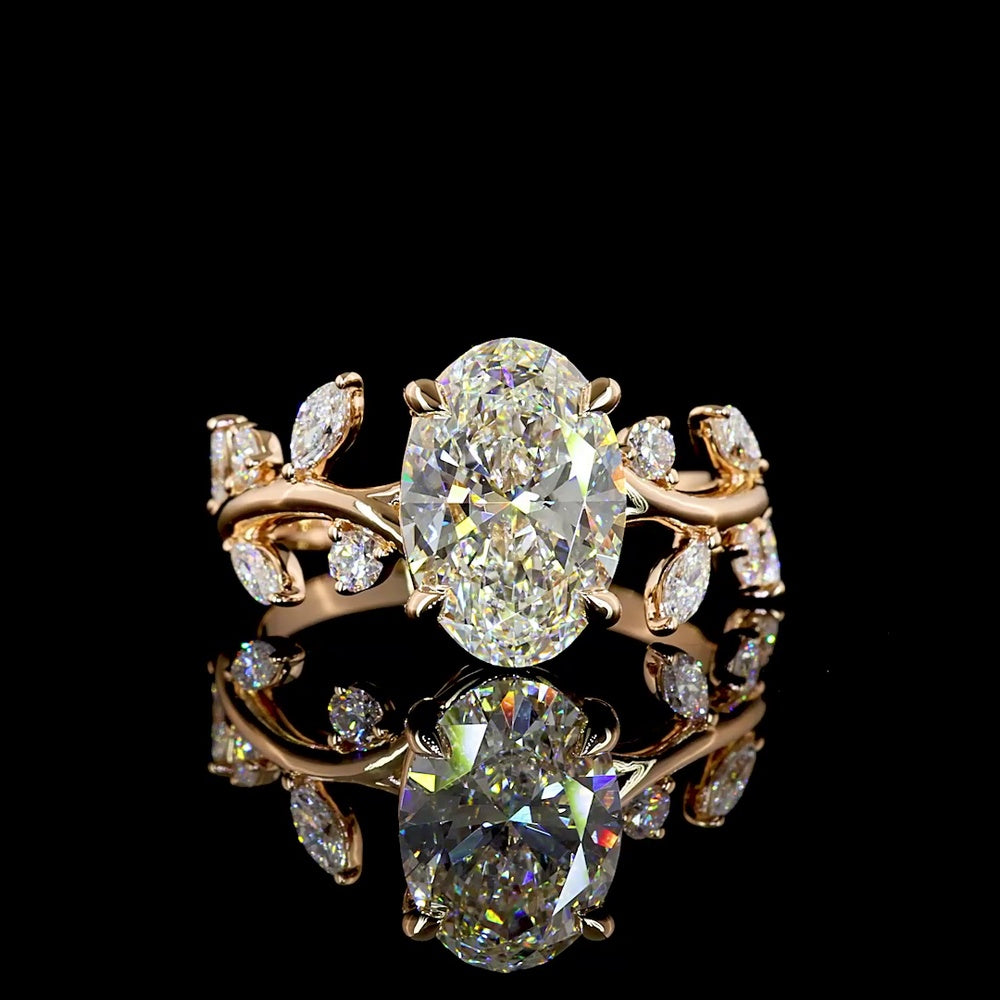 14K Rose Gold 3.02 Carats Total Weight Mixed Shape Vine Ring with 2.58 Carats Oval F VVS2 Lab Diamond and Marquise & Round Accent Diamonds - Covaloro Fine Jewelry