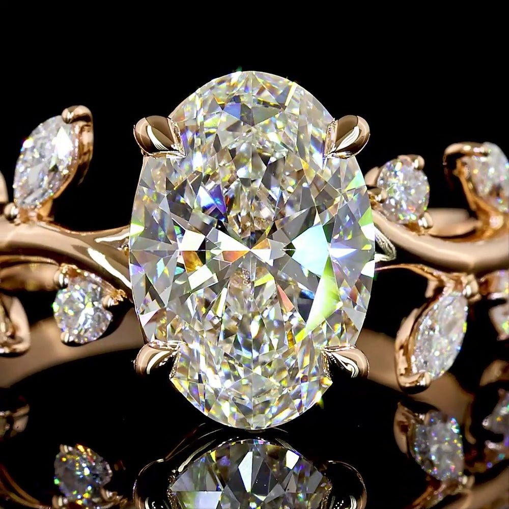 14K Rose Gold 3.02 Carats Total Weight Mixed Shape Vine Ring with 2.58 Carats Oval F VVS2 Lab Diamond and Marquise & Round Accent Diamonds - Covaloro Fine Jewelry