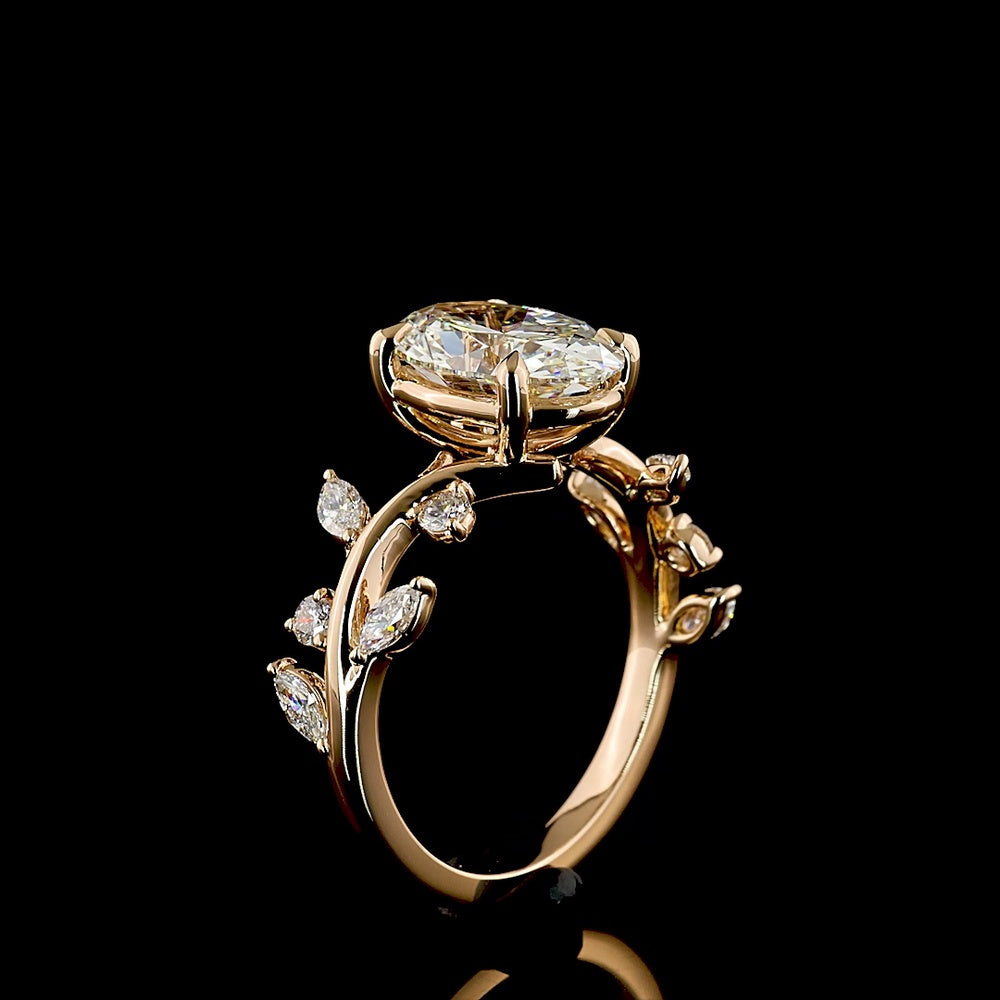 14K Rose Gold 3.02 Carats Total Weight Mixed Shape Vine Ring with 2.58 Carats Oval F VVS2 Lab Diamond and Marquise & Round Accent Diamonds - Covaloro Fine Jewelry