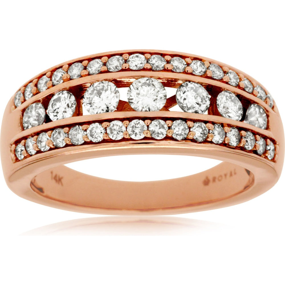 14K Rose Gold 3-Row Diamond Wedding Band with Round Brilliant Cut Diamonds - 0.98 Carat Total Diamond Weight - Royal Jewelry