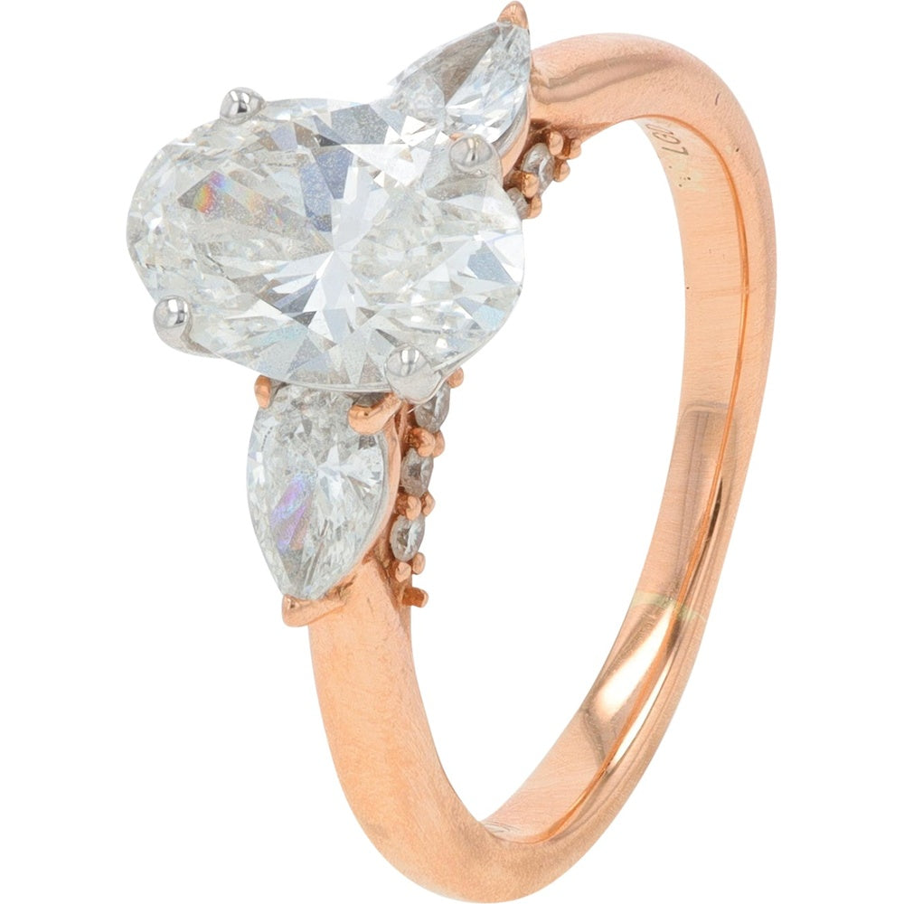 14K Rose Gold 3-Stone Engagement Ring with 1.50 Carat Oval Lab Grown Diamond Center and Pear Accents - 2.00 Carat Total Diamond Weight