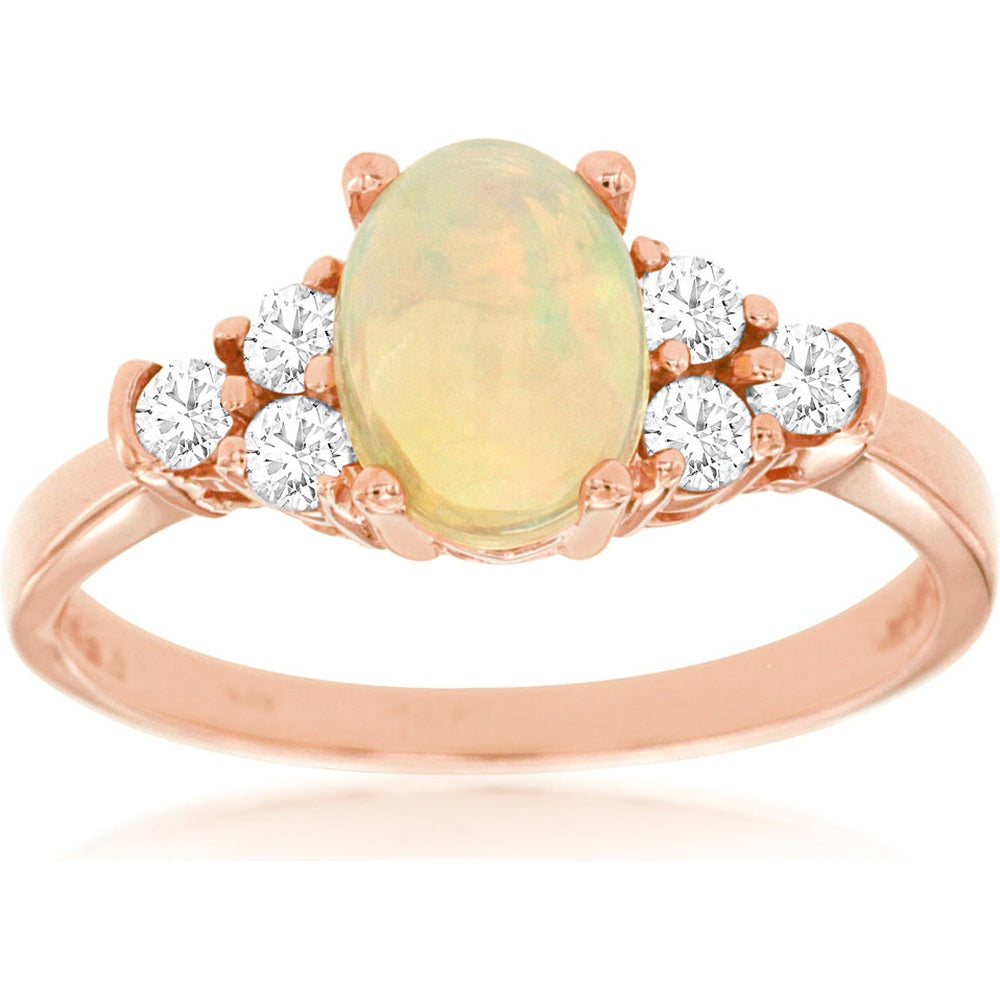 14K Rose Gold 3-Stone Ring with 0.90 Carat Oval Opal and 0.32 Carat Round Diamond Accents - Royal Jewelry