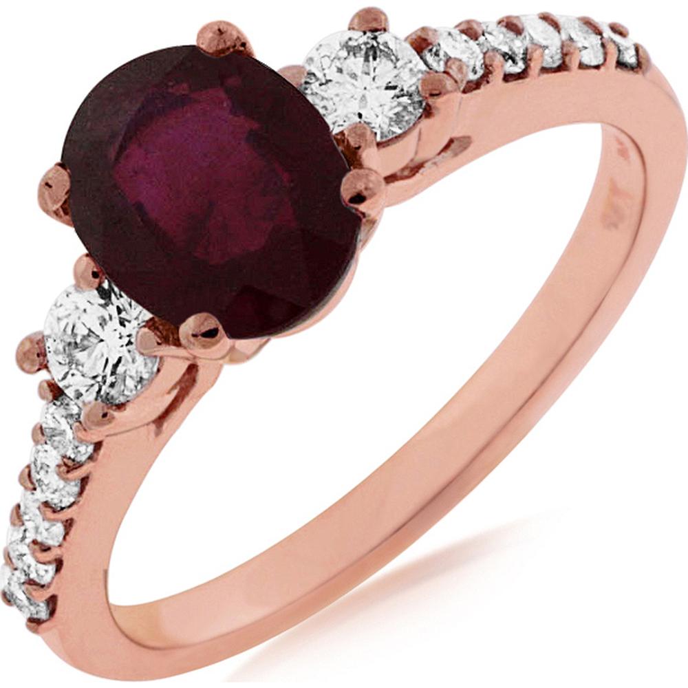 14K Rose Gold 3-Stone Ring with 1.25 Carat Oval Ruby and 0.45 Carat Round Diamonds - Royal Jewelry