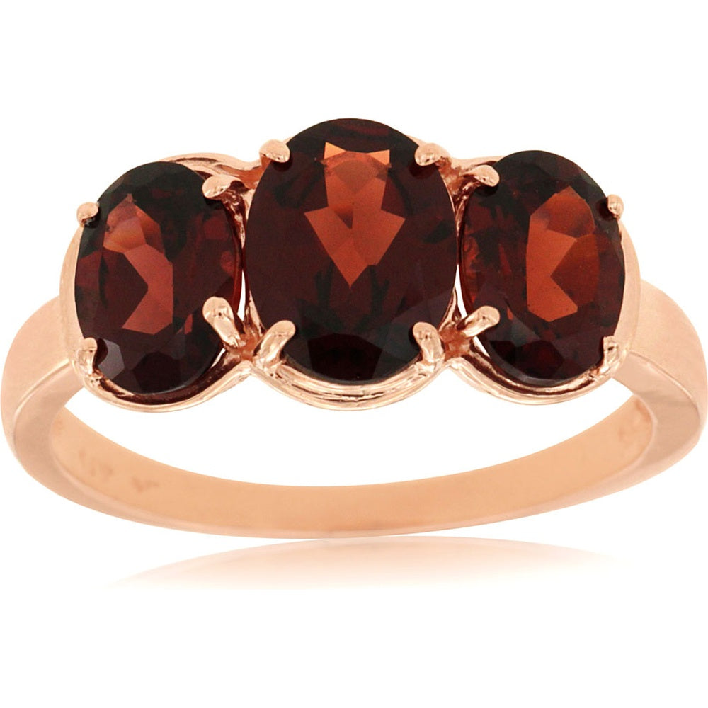 14K Rose Gold 3-Stone Ring with Prong-Set Oval Garnets - 3.25 Carat Total Gem Weight - Royal Jewelry