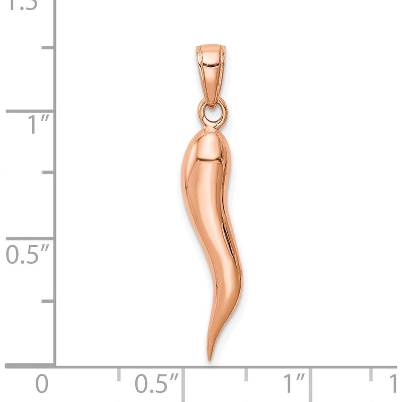 14K Rose Gold 30mm Large 3D Italian Horn Pendant - Polished Finish by Oro Pregiato