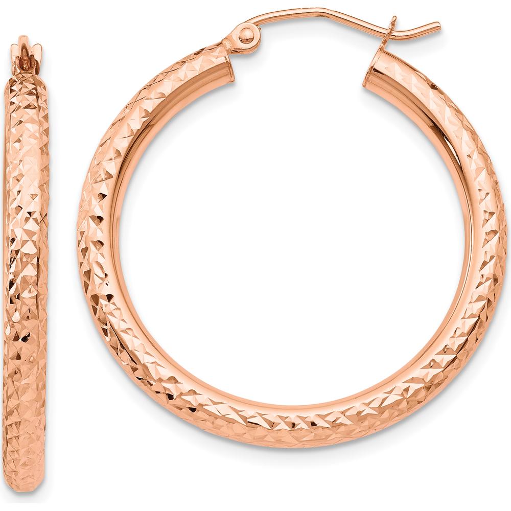 14K Rose Gold 3mm Diamond-Cut Medium Hoop Earrings - Polished Finish by 0