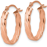 14K Rose Gold 3mm Patterned Oval Hoop Earrings - Polished Finish by 0