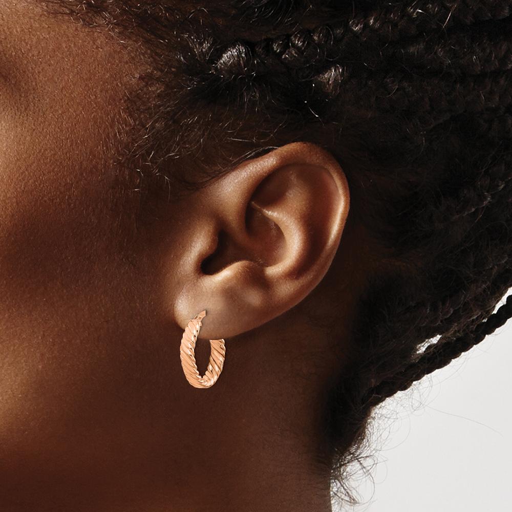 14K Rose Gold 3mm Patterned Oval Hoop Earrings - Polished Finish by 0