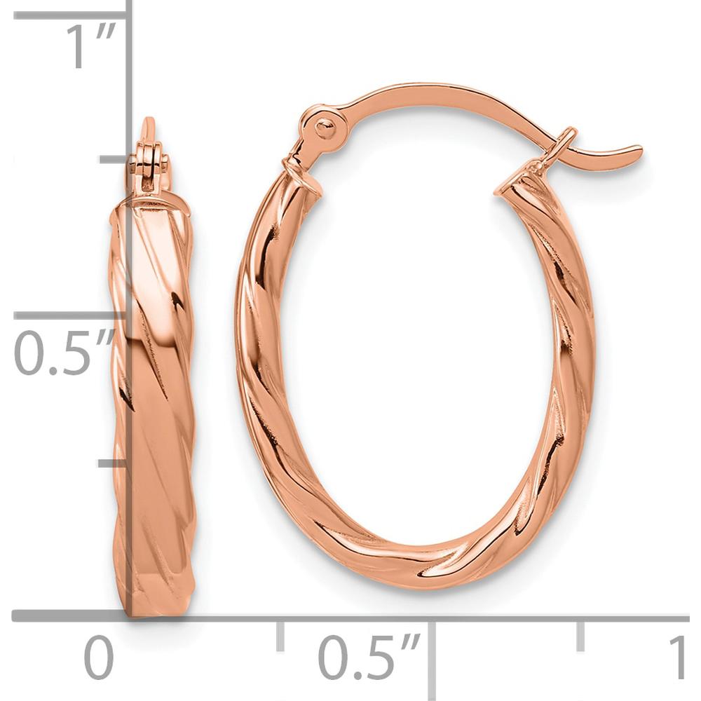 14K Rose Gold 3mm Patterned Oval Hoop Earrings - Polished Finish by 0