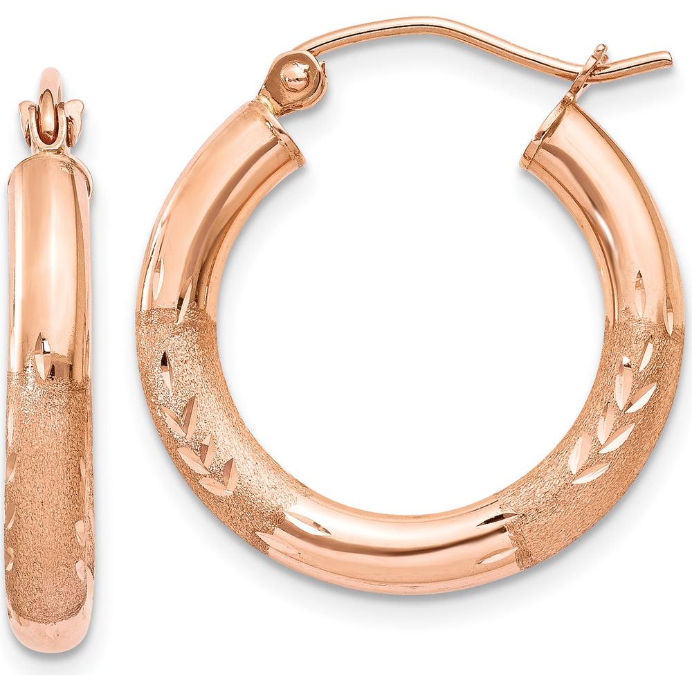14K Rose Gold 3mm Satin and Diamond-Cut Hoop Earrings - 14mm Length by 0