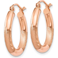 14K Rose Gold 3mm Satin and Diamond-Cut Hoop Earrings - 14mm Length by 0