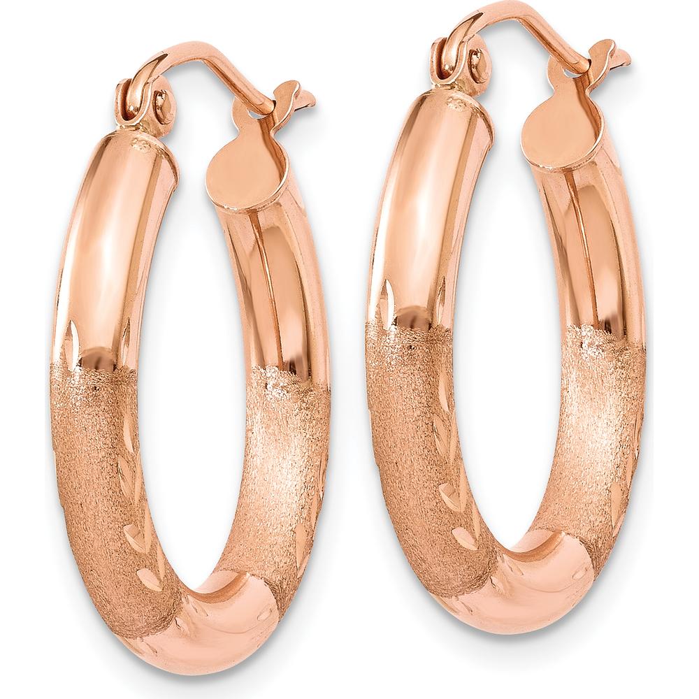 14K Rose Gold 3mm Satin and Diamond-Cut Hoop Earrings - 14mm Length by 0