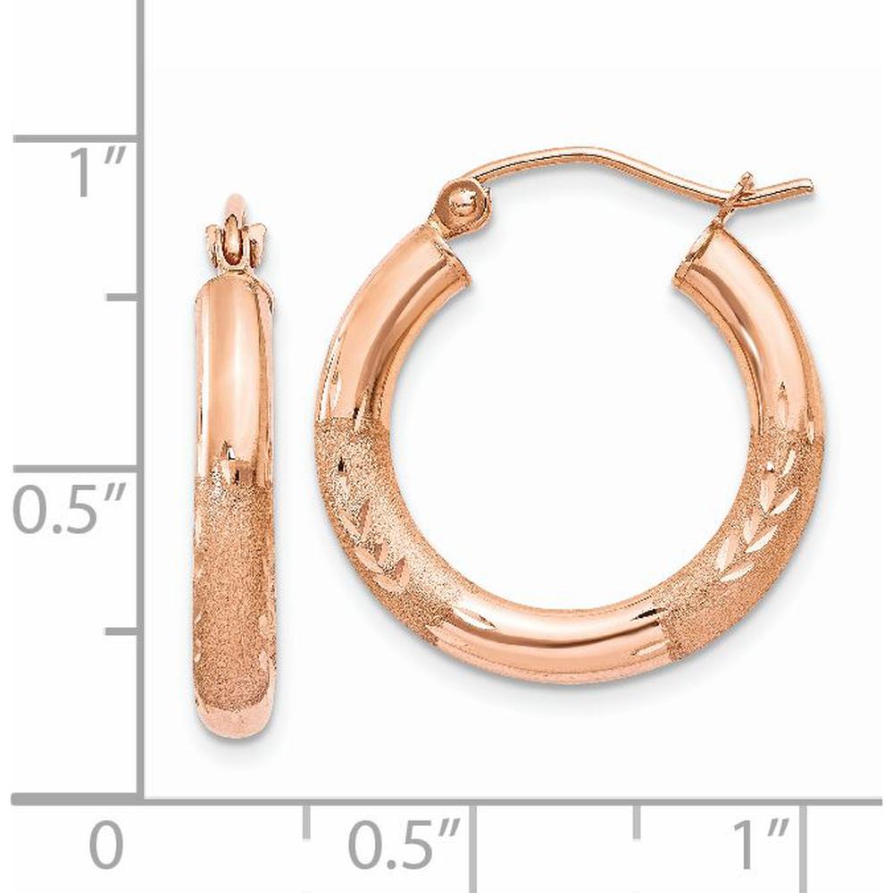 14K Rose Gold 3mm Satin and Diamond-Cut Hoop Earrings - 14mm Length by 0