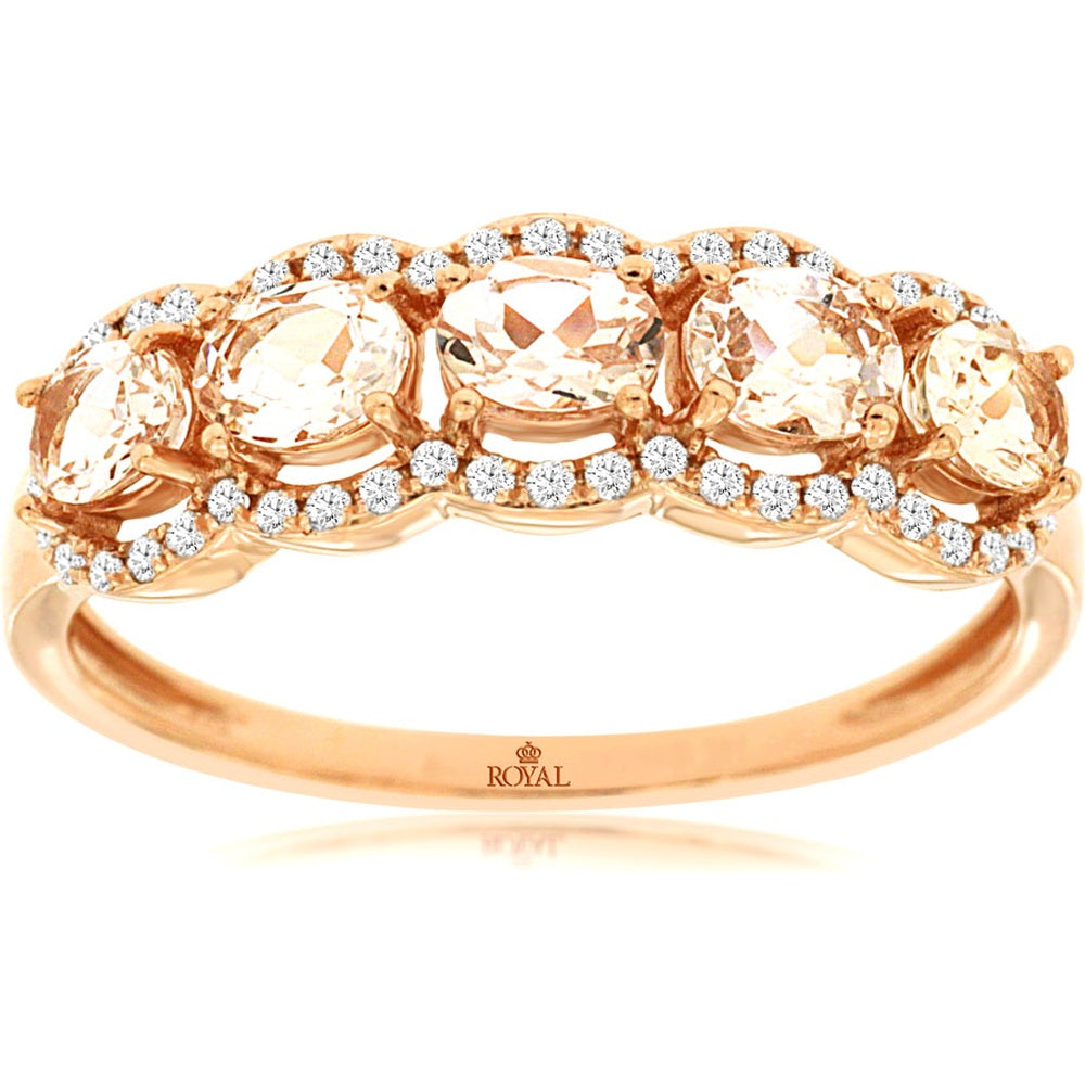 14K Rose Gold 5-Stone Halo Ring with Cushion Cut Morganite and Round Diamonds - 0.75 Carat Morganite and 0.14 Carat Diamond Total Weight - Royal Jewelry