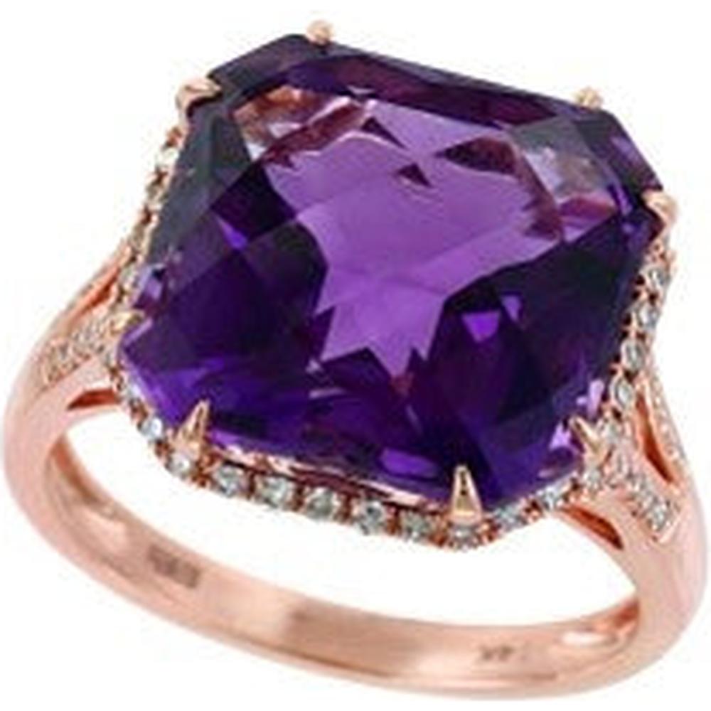 14K Rose Gold 9.65 Carats Cushion Cut Amethyst Ring with Diamond Halo - 0.22 Carats Total Diamond Weight