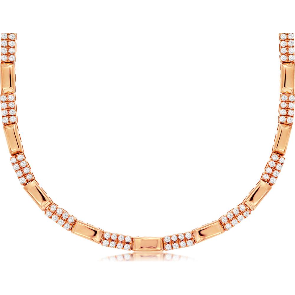 14K Rose Gold Alternating Link Station Necklace with Pavé Set Round Diamonds - 0.78 Carat Total Diamond Weight - Royal Jewelry