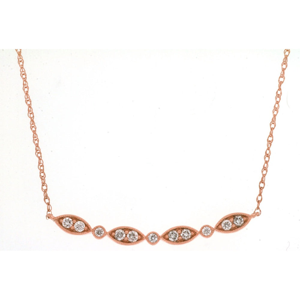 14K Rose Gold Alternating Station Necklace with Milgrain Marquise and Round Diamonds - 0.16 Carat Total Diamond Weight - Royal Jewelry