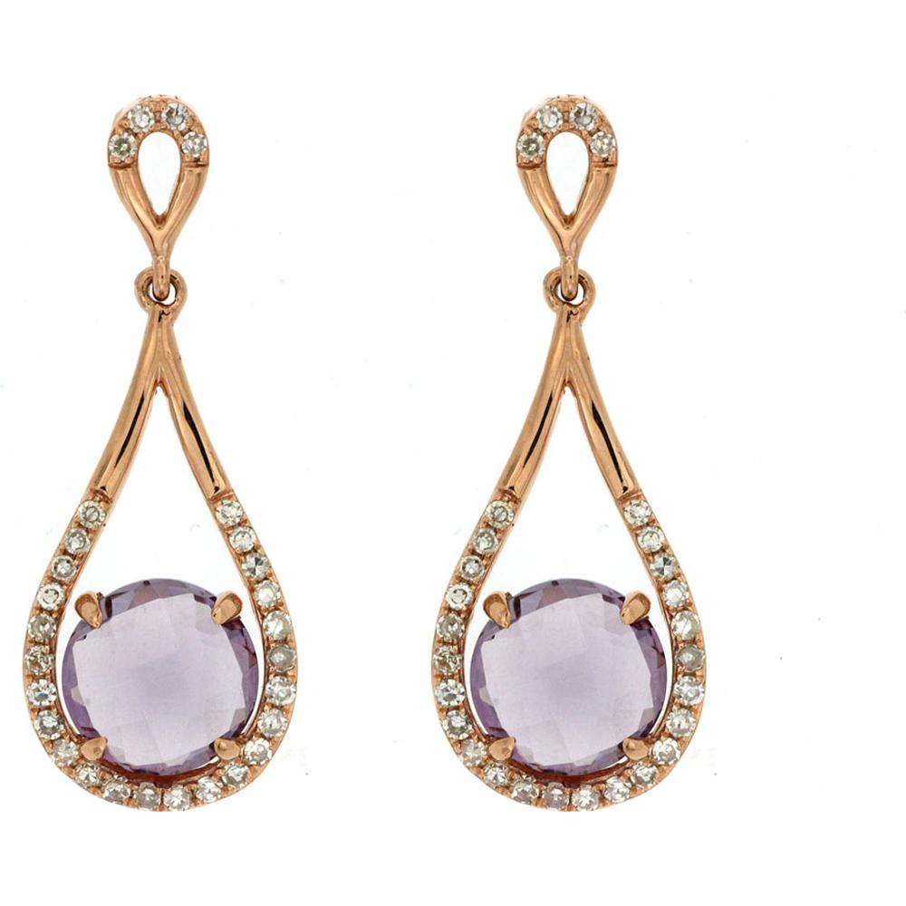 14K Rose Gold Amethyst and Diamond Drop Earrings - 1.92 Carats Total Gem Weight
