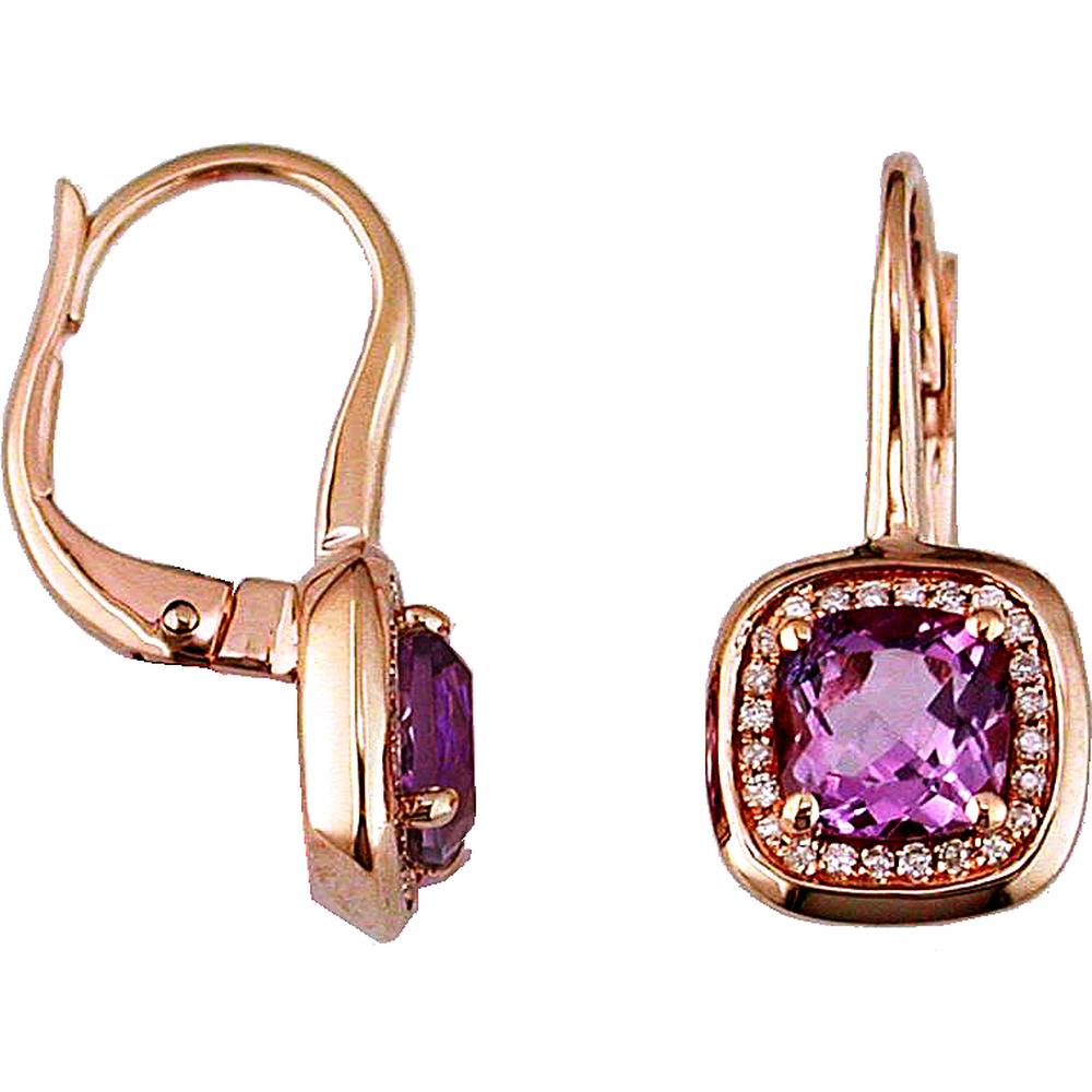 14K Rose Gold Amethyst and Diamond Drop Earrings with Cushion Cut Amethyst - 0.925 Carats Total Amethyst Weight, 0.08 Carats Total Diamond Weight