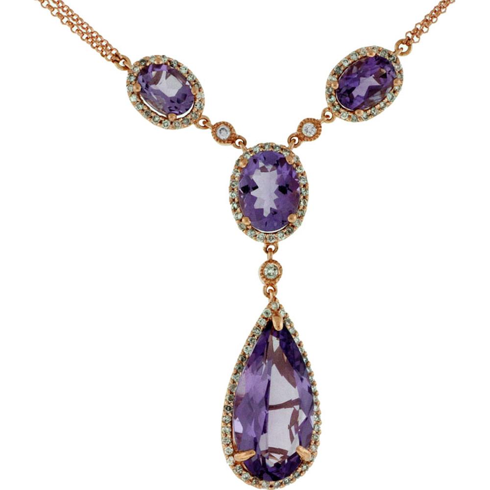 14K Rose Gold Amethyst and Diamond Drop Necklace with Oval and Pear-Shaped Amethysts - 8.15 Carat Total Amethyst Weight and 0.80 Carat Total Diamond Weight - Royal Jewelry