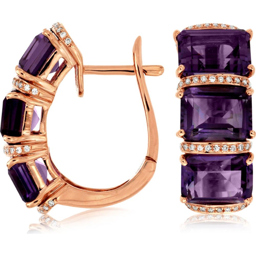 14K Rose Gold Amethyst and Diamond Earrings with Emerald-Cut Amethysts and Pavé Diamond Accents - 9.00 Carat Total Amethyst Weight, 0.17 Carat Total Diamond Weight - Royal Jewelry