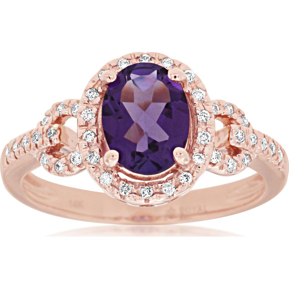 14K Rose Gold Amethyst & Diamond Halo Ring - 1.15 Carats Amethyst, 0.18 Carats Total Diamond Weight